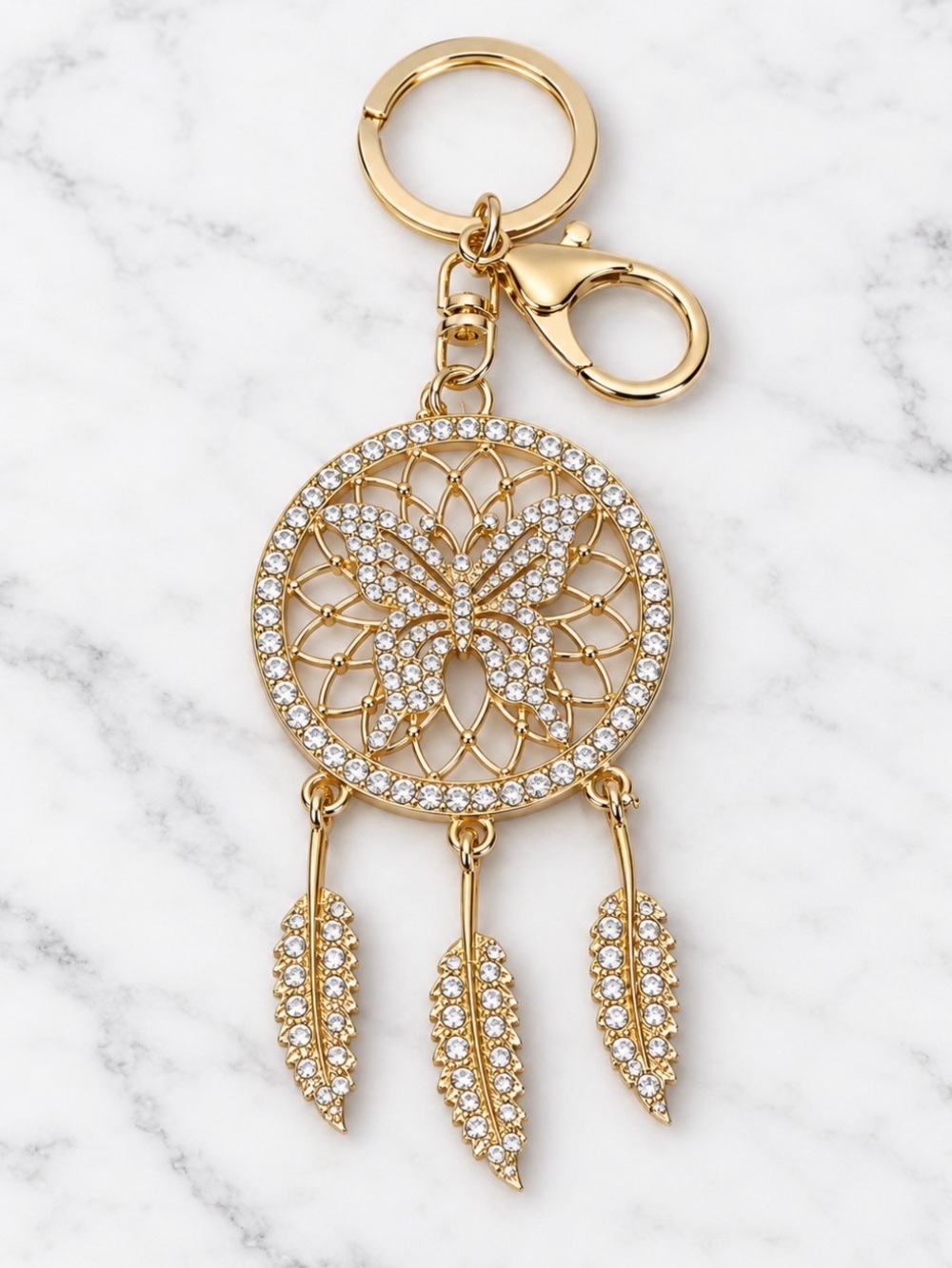 White Dreamcatcher Bag Charm/Keyring With Butterfly Accents-Gold Hardware